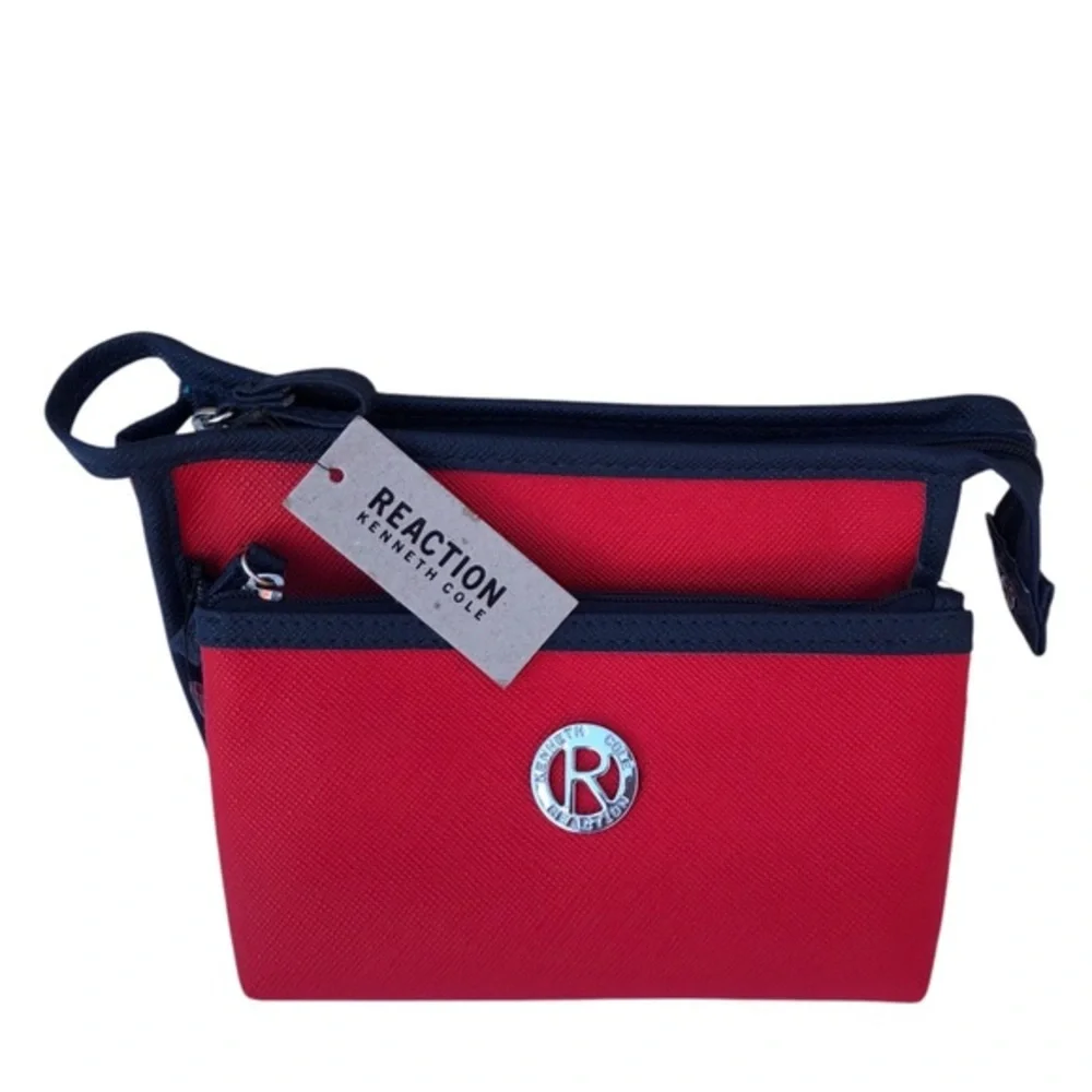 Kenneth Cole Reaction 2 Piece East West Red Navy Travel Toiletries Makeup Bag
